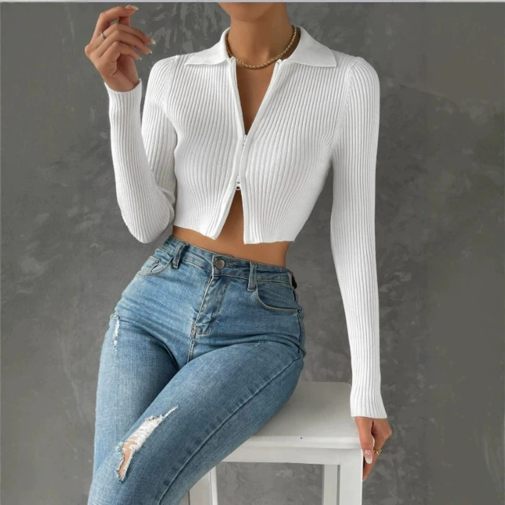 Zara Cropped Knit Cardigan Solid Slim Fit Two Way Zipper Long Sleeve